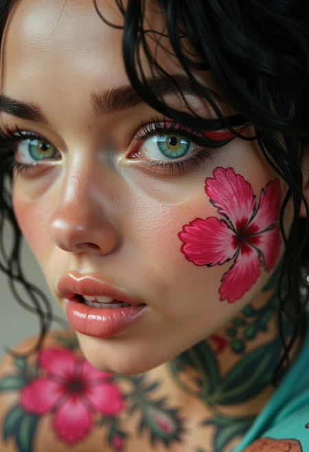 Hyperrealism, extreme close-up Portrait of a beautiful, stunning unique female character. She has large turquoise eyes filled with joy and excitement, extravagant eyelashes, making this image a masterpiece of photography and digital art. Style: realistic hyper-detailed rendering, 32k UHD, expressive eyes, punk, graphic design, pink hibiscus tattoo, girl's face, side view, pretty and cute, gleaming lips, white skin, telling a tale of adventure. Exuding confidence and serenity. Vibrant tattoos adorn her sun-kissed skin