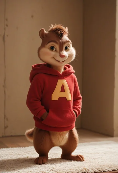 (, score_9, score_8_up, score_7_up), kftenhance, AlvinSeville, furry male, solo, chipmunk, brown eyes, red hoodie, painted walls, carpet, hands in pockets, looking at viewer, blue eyes , smiling, best quality, high definition