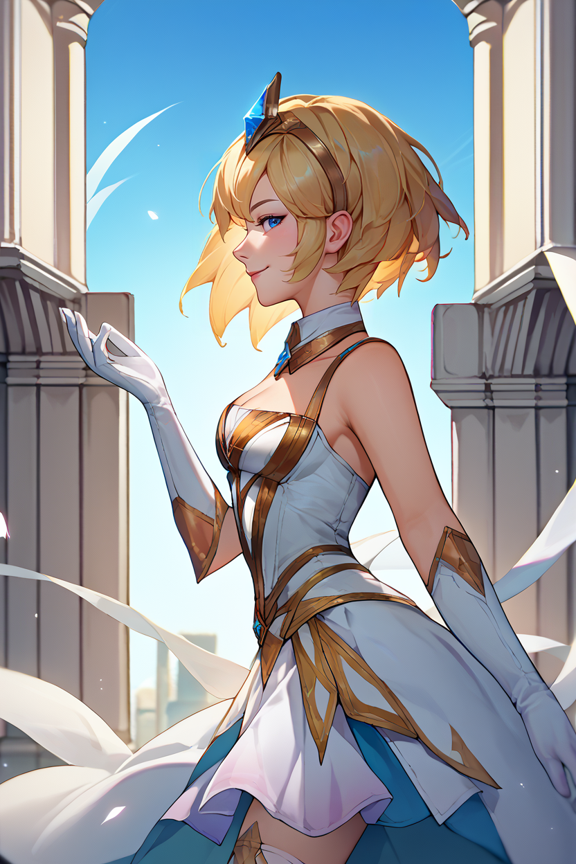 score_9, score_8_up, score_7_up, score_6_up, source_anime, 1girl, solo,  <lora:lux-pdxl-nvwls-v1-000005:1> lgtlux, blonde hair, blue eyes, short hair, tiara, detached collar, white dress, bare shoulders, cleavage, white gloves, white thighhighs, marble, greek architecture, hand up, from side, smile, blue sky, looking at you, profile