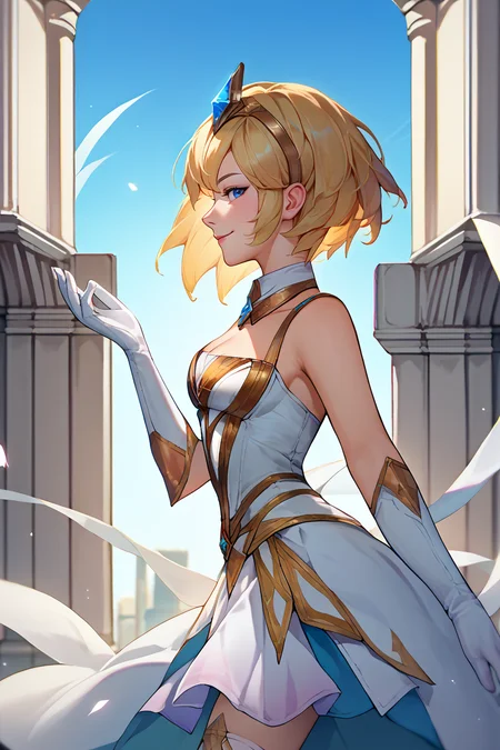score_9, score_8_up, score_7_up, score_6_up, source_anime, 1girl, solo,  <lora:lux-pdxl-nvwls-v1-000005:1> lgtlux, blonde hair, blue eyes, short hair, tiara, detached collar, white dress, bare shoulders, cleavage, white gloves, white thighhighs, marble, greek architecture, hand up, from side, smile, blue sky, looking at you, profile