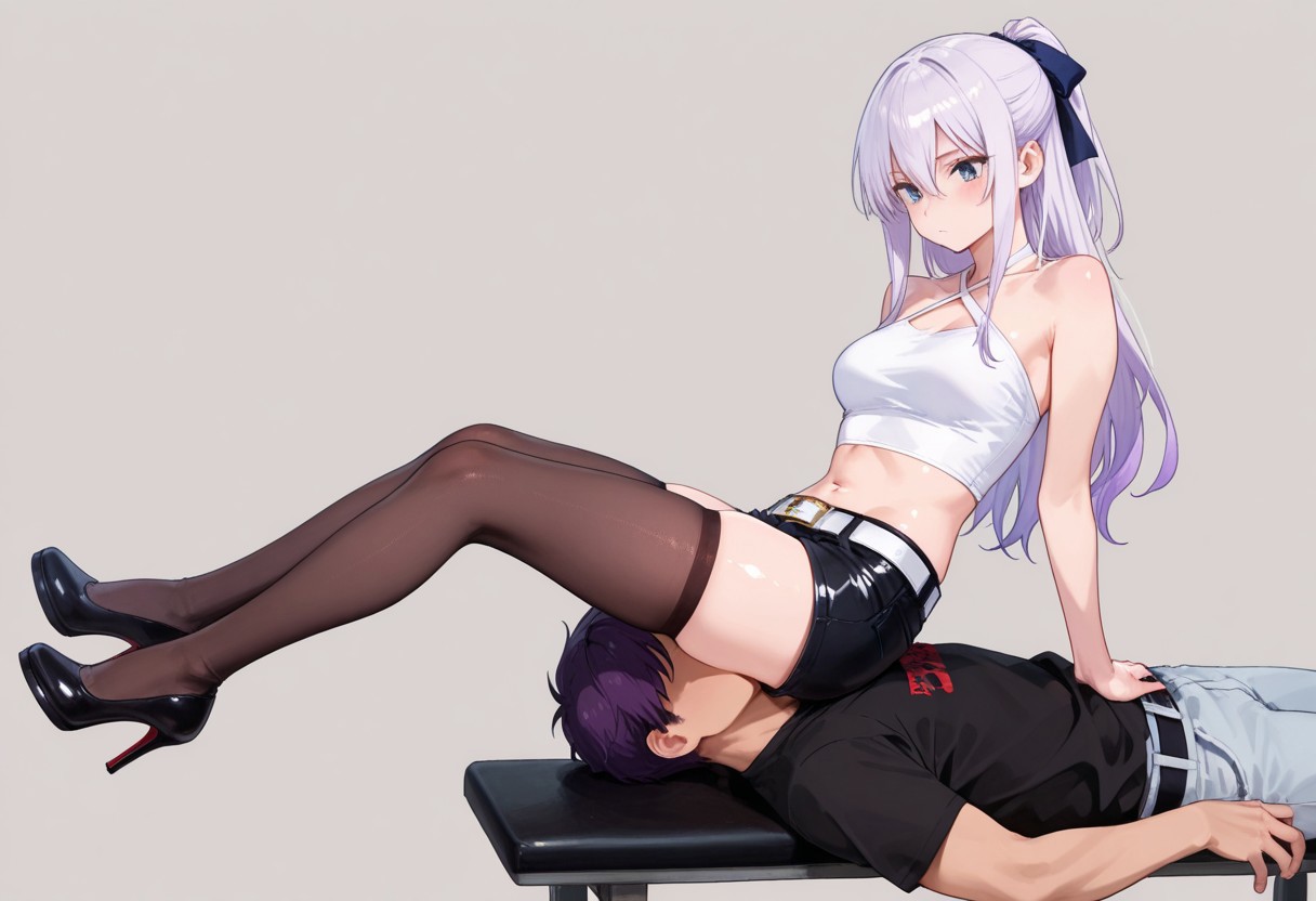 absurdres, masterpiece, best quality, very aesthetic, HDR, 8K, ultra-detailed, anime, 748cmstyle, FullFaceFem, sitting on face, balancing facesitting, leg-out sitting, (outstretched legs:1.3), human furniture, femdom, hetero, facesitting, simple background, forced, keeps legs in air,  full body, ass on face, sitting on sports bench,
1girl, MiraFTG, long hair, half ponytail, bangs, SIDELOCK, hair between the eyes, white hair, purple hair ribbon, blue EYES, medium breast, high heels, halterneck, criss-cross halter, thighhighs, shorts, belt, skindentation, shiny skin, ((skinny)), dominant female, 
BREAK
1boy, faceless boy, captive boy,