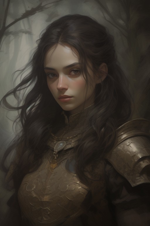 Only the upper body above the shoulders. Hyper-realistic close-up portrait of a medieval young woman with jet-black hair that frames her pale face, Wearing a traditional medieval dress with woven patterns along the edges, made of blue, gold, and black fabric. A small sparrow sits comfortably on her shoulder, its tiny eyes bright and alert. Her gaze is soft and thoughtful, drawing attention to the fine details of her features. The background is the edge of a forest.