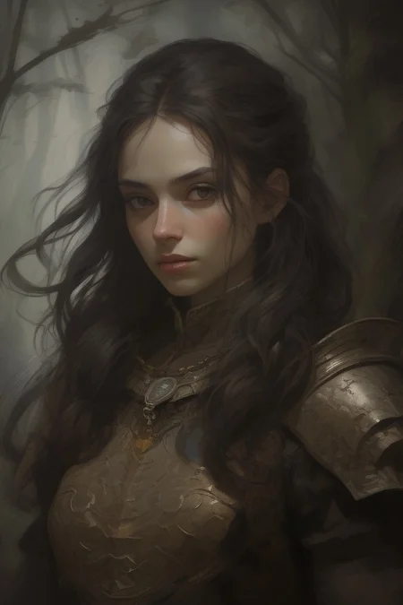 Only the upper body above the shoulders. Hyper-realistic close-up portrait of a medieval young woman with jet-black hair that frames her pale face, Wearing a traditional medieval dress with woven patterns along the edges, made of blue, gold, and black fabric. A small sparrow sits comfortably on her shoulder, its tiny eyes bright and alert. Her gaze is soft and thoughtful, drawing attention to the fine details of her features. The background is the edge of a forest.