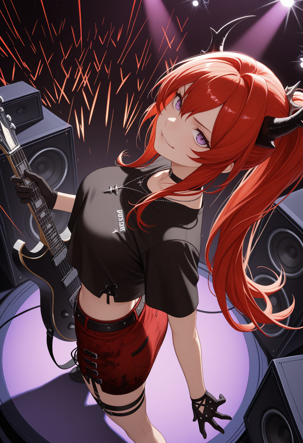 masterpiece, best quality, 1girl, solo, 5urtrCas, purple eyes, red hair, long hair, ponytail, horns, black choker, necklace, black shirt, short sleeves, crop top overhang, midriff, black glove, single glove, black belt, red skirt, thigh strap, garter strap, from above, dynamic pose, holding electric guitar, smirk, looking at viewer, looking up, wide shot, on stage, stage lights, speaker, emphasis lines, <lora:ChamSurtrNoob:1>