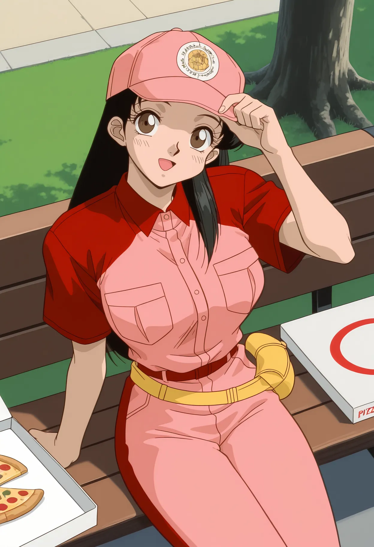 ktml_sakura, 1990s \(style\), adult woman, film grain, 1girl, solo, sitting, looking at viewer, hand on headwear, head tilt, from above,
outdoors, sunlight, tree, park bench, medium breasts,
black hair, long hair, bangs, eyelashes, brown eyes, blush, open mouth, :d, happy, 
employee uniform, baseball cap, pink headwear, red collared shirt, pink pants with red print, yellow belt bag, red belt, breast pocket, pizza box, 
best quality,amazing quality,very aesthetic,absurdres
 <lora:ktml_sakura:1>