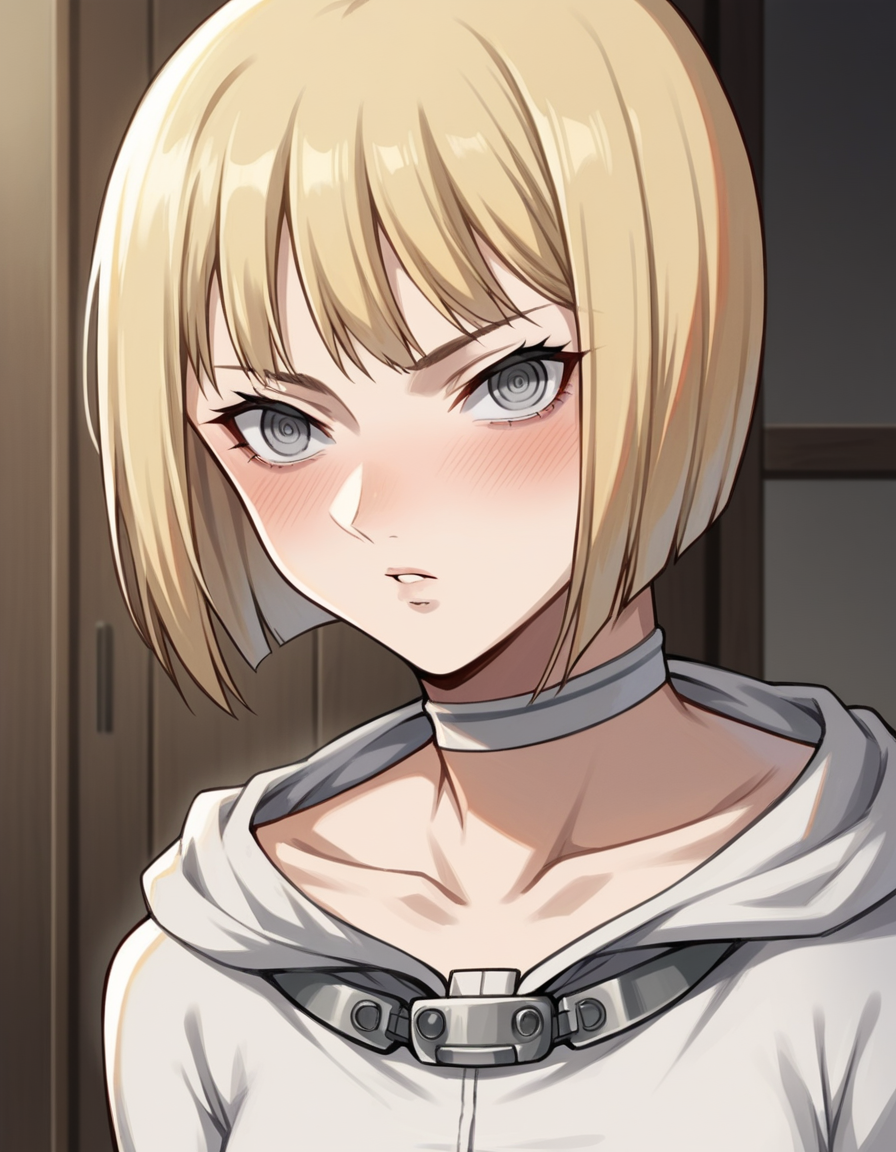 score_9, score_8_up, score_7_up, source_anime,
claymoreclaire, <lora:claymore-claire-s1-ponyxl-lora-nochekaiser:1>,
claire, short hair, blonde hair, grey eyes, bob cut, pale skin, white skin, ringed eyes,
choker, bodysuit, white bodysuit, collarbone, long sleeves,
indoors, bed, bed room, on side, blush, drunk,
solo, looking at viewer, cowboy shot, dutch angle,