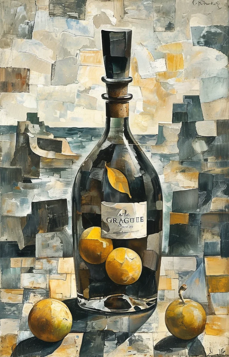 masterpiece,best quality,<lora:tbh215-sdxl:0.9>,illustration,style of Georges Braque A bottle of perfume in garden