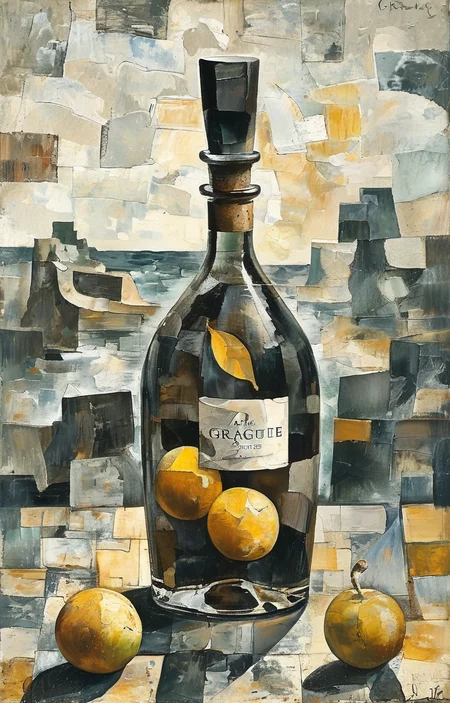 masterpiece,best quality,<lora:tbh215-sdxl:0.9>,illustration,style of Georges Braque A bottle of perfume in garden
