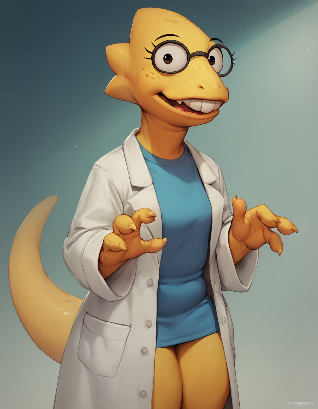 zPDXL3,buckteeth,<lora:Alphys_Pony:0.8>,upper_teeth,lab coat,yellow body,4 fingers,shirt,tail,freckles,scalie,plump female,alphys,looking_at_viewer,alphys,, <lora:PDXL_artist_tags_v2_big:1>