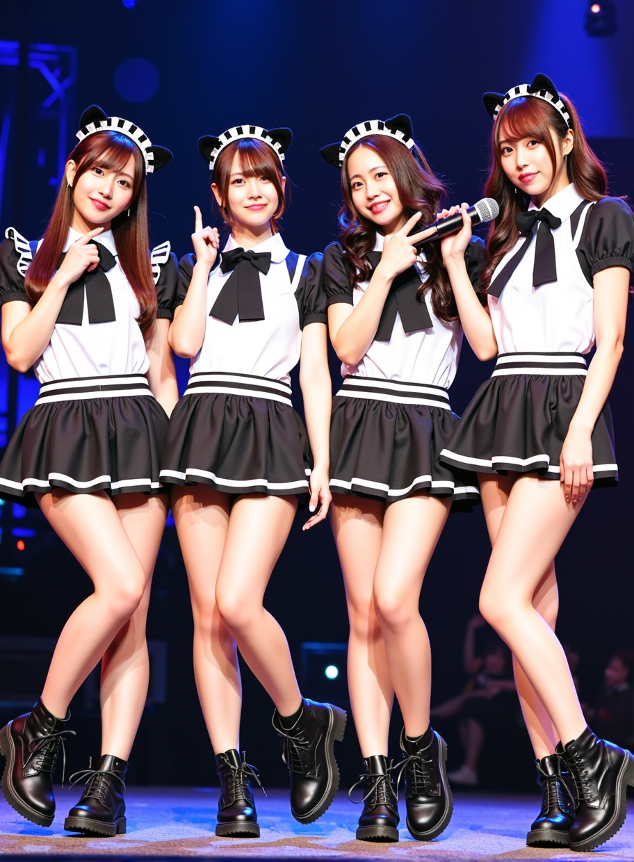 multiple girls,brown hair,necklace,jewelry,skirt,realistic,long hair,microphone,boots,short hair,hair ornament,4girls,mini skirt,day,instrument,standing,shirt,3girls,<lora:Flux_idol_cos:0.8>,(beautiful japanese idol:1.2),different faces,full body,idores,smile,laugh,(dynamic pose:1.3),concert,sexy,gyaru,thin,(concert hall:1.3),cos,