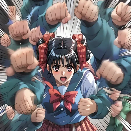 ASCII 1girl,<lora:pony_xl_narusawa:0.8>,narusawa,score_9,score_8_up,score_7_up,source_anime,black hair,
solo,
looking at viewer,school uniform,long sleeves,vest,pleated skirt,plaid skirt,socks,loafers,cowboy_shot,
serafuku,fighting_stance,
cute,
<lora:rushpunchXLpony002>,
rushpunch,punching,multiple hands,fists,clenched fists,(motion_blur:1.2),(motion line:1.1),speed_lines,