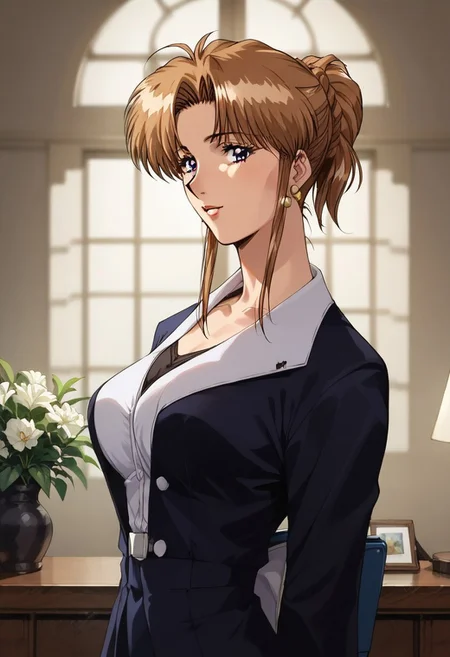 score_9_up, score_8_up, score_7_up, high quality, 8k,best quality,retro anime style, detailed retro anime,high detail, (clear picture),detailed face,masterpiece,1girl,miss mizutani,blond hair,purple eyes,blue suit,sexy body, beautiful face,looking at the viewer,sexy pose, seductive pose,