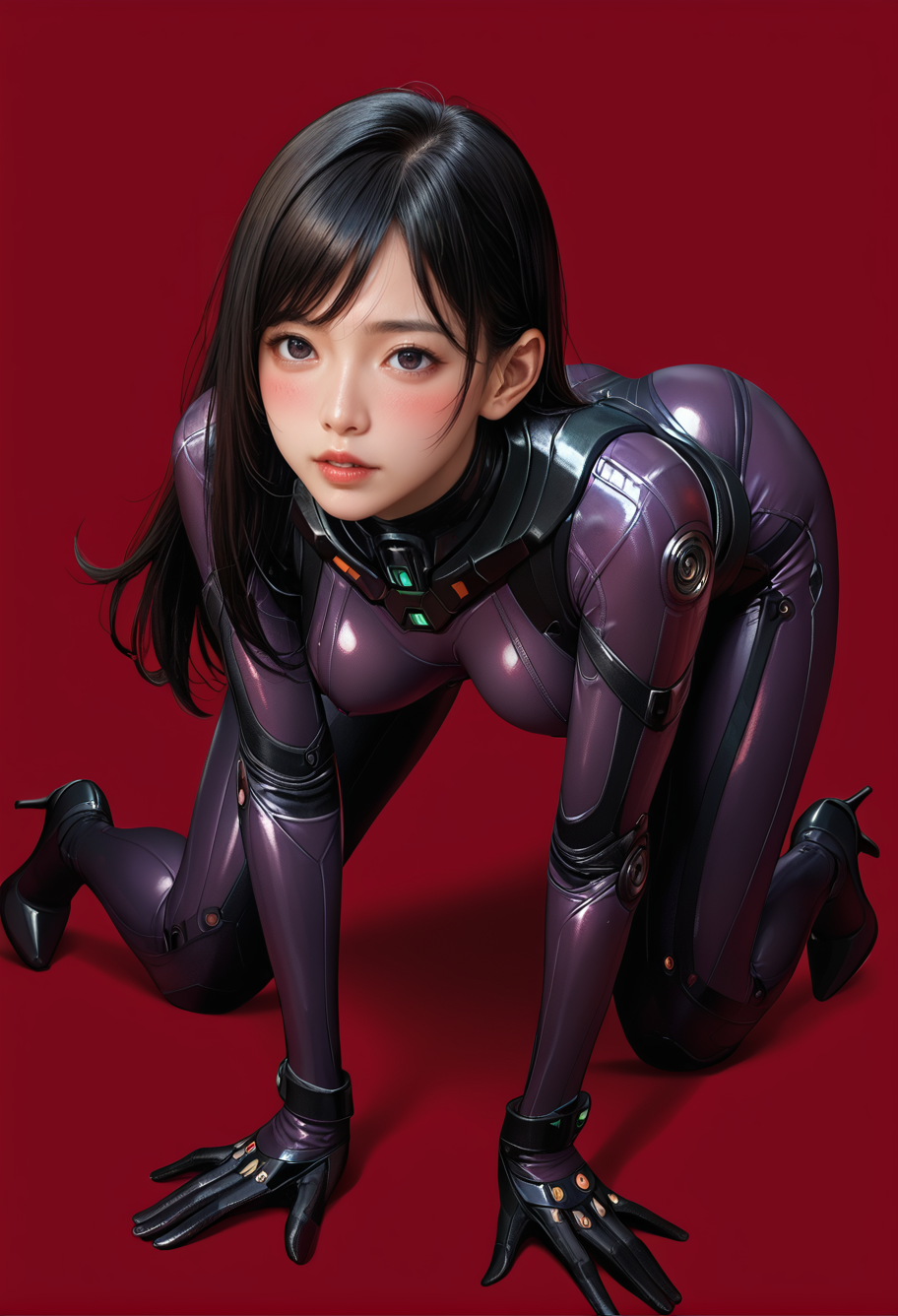 1girl,solo,red background,,ruanyi0867,purple bodysuit,science fiction,skin tight,high heels,
long hair,cuteg,blush,all fours,<lora:0867 Battle suit_v1_pony:1>, score_9,score_8_up,score_7_up,,8k,1girl,solo,,
