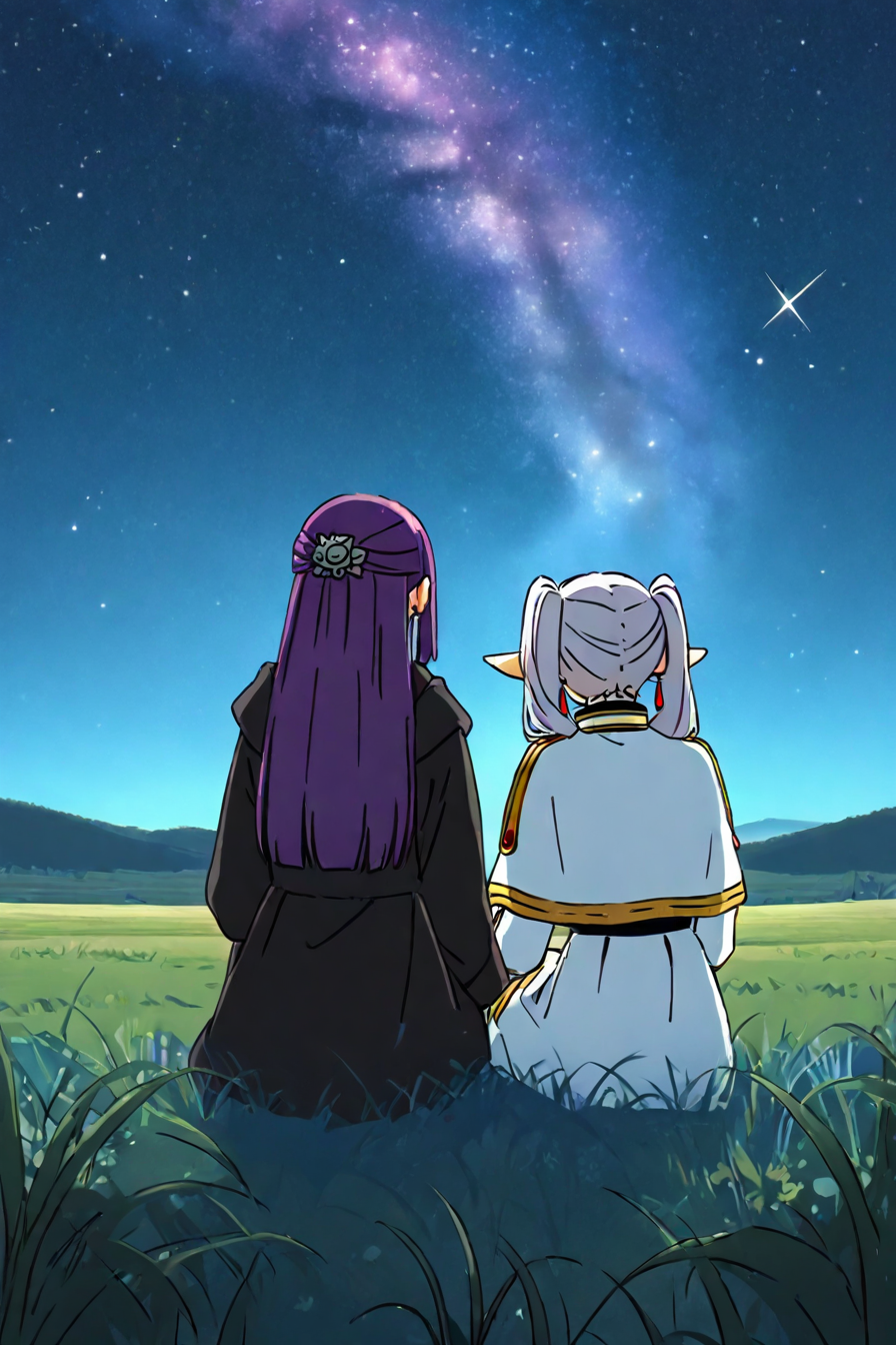 <lora:sitting_couple_IllustriousXL-000006:1>,masterpiece, highres, sitting , side-by-side, grass, field, sky, starry sky, start (sky), from behind, BREAK <lora:fern-s1-ponyxl-lora-nochekaiser:0.6>, 1girl, fern, long hair, bangs, purple hair, sidelocks, blunt bangs, bright pupils, half updo, long sleeves, dress, white dress, long dress, robe, black robe, BREAK <lora:frieren-ponyxl-lora-nochekaiser:0.6> ,1girl, frieren, long hair, twintails, grey hair, pointy ears, elf, shirt, long sleeves, jewelry, pantyhose, earrings, striped, black pantyhose, capelet, white striped shirt, skirt, white skirt,