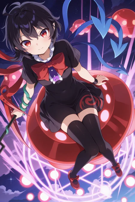 absurdres, highres, masterpiece, best quality, amazing quality, official anime artwork, screencap, anime screencap, looking at viewer, sitting,
<lora:Nue-Houjuu_Illustrious:1> houjuu nue, 1girl, solo, red eyes, black hair, short hair, ahoge, pointy ears, asymmetrical wings,, black dress, black thighhighs, red bowtie, center frills, footwear bow, frills, snake armband, holding trident,
ufo, oversized ufo, night, starry sky, star, cloud, flying, light particle, light smile, magic circle, danmaku,