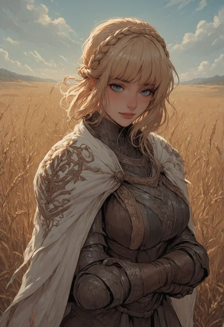 score_9, score_8_up, score_7_up, score_6_up, score_5_up, score_4_up,
1girl, portrait, gorgeous girl, wind, leaves, dark, wheat field, godrays, NeedleKnightLeda, blue eyes, yandere, evil, blonde hair, bangs, crown braid, plate armor, (big breasts:1.15), white cape, breastplate, Knight, gloves, gauntlets, shoulder armor, black pants, volumetric lighting
<lora:NeedleKnightLeda_XLPD:0.8>::0.35
<lora:Maly_Fantasy_ArtStyle:0.95>