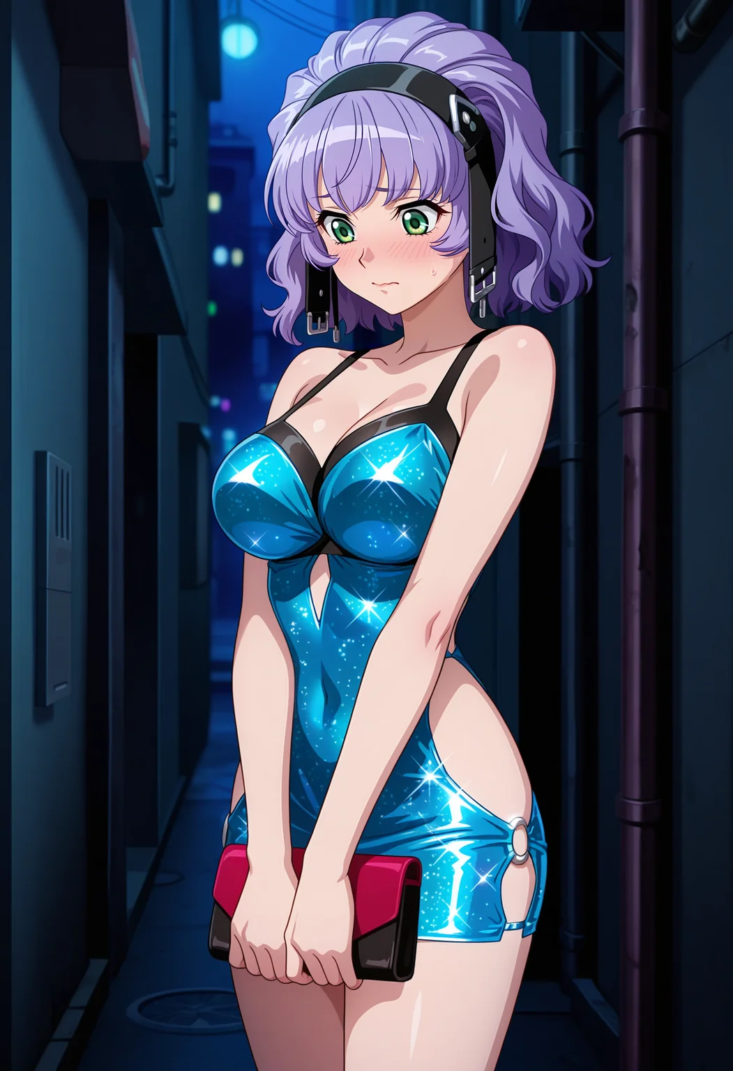 best quality, masterpiece, 1girl, aaaqua, medium hair, purple hair, black hairband, green eyes, <lora:aqua_centolm_ilxl_v1:0.9>, anime coloring, bodycon, glitter dress, microdress, collarbone, sleeveless, hip vent, o-ring, clothing cutout, holding wallet, v arms, alley, night, standing, cowboy shot, looking down, embarrassed,