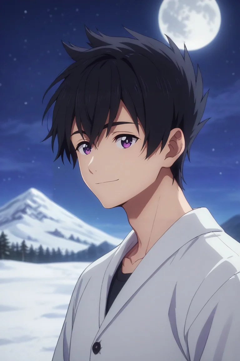 score_9, score_8_up, score_7_up, , rating_safe, , (realistic:0.6), , depth of field, 1boy, solo, male focus, <lora:ryuunosuke_minakata_pony:0.86>, ryuunosuke_minakata, black hair, purple eyes, short hair, bangs, hair between eyes, symmetry, snowy mountain, night, full moon, arms behind head, half-closed eyes, smile, , <lora:sdxl_lightning_8step_lora:1>