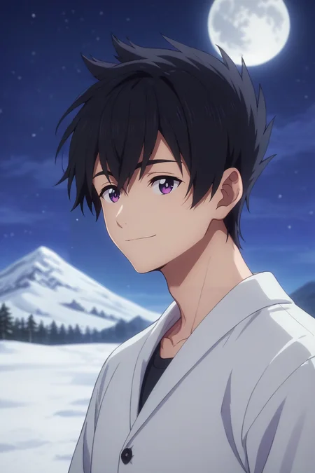 score_9, score_8_up, score_7_up, , rating_safe, , (realistic:0.6), , depth of field, 1boy, solo, male focus, <lora:ryuunosuke_minakata_pony:0.86>, ryuunosuke_minakata, black hair, purple eyes, short hair, bangs, hair between eyes, symmetry, snowy mountain, night, full moon, arms behind head, half-closed eyes, smile, , <lora:sdxl_lightning_8step_lora:1>