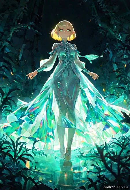 masterpiece, best quality, amazing quality, very aesthetic, absurdres, newest, 1girl,princess zelda, blunt bangs, blonde hair, bob cut, pointy ears, in the depths of a bioluminescent alien jungle, perfect eyes, [evangelion:cyberpunk edgerunners:0.5], reflective transparent emerald iridescent opaque clothing, long sleeves, flowing dress, long skirt, very aesthetic, highres, 4k, 8k, intricate detail, cinematic lighting, amazing quality, amazing shading, detailed Illustration, official artwork, wallpaper, official art, extremely detailed eyes and face, beautiful detailed eyes, from below, full body, thigh gap, BREAK <lora:ponyv4_noob1_2_adamW-000017:0.7000000000000001> <lora:USNR_STYLE_XL_lokr:0.45>