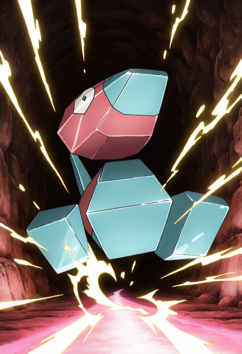 masterpiece, best quality, anime screencap, solo,  zzPorygon, sliding across a neon data tunnel, its path generating glowing ripple effects on a digital grid beneath its feet.    ,<lora:PorygonPokedex_IXL:1.0>,