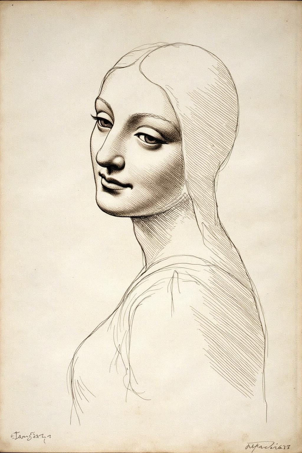 davinci1 painting.
Monochrome drawing of a woman shown in side profile. Her hair flows softly, and her features are defined with gentle lines. She is turning her head sideways to glance at the viewer. <lora:davinci1_cap_d6a3e12:1.0><lora:852101665824766519:0>