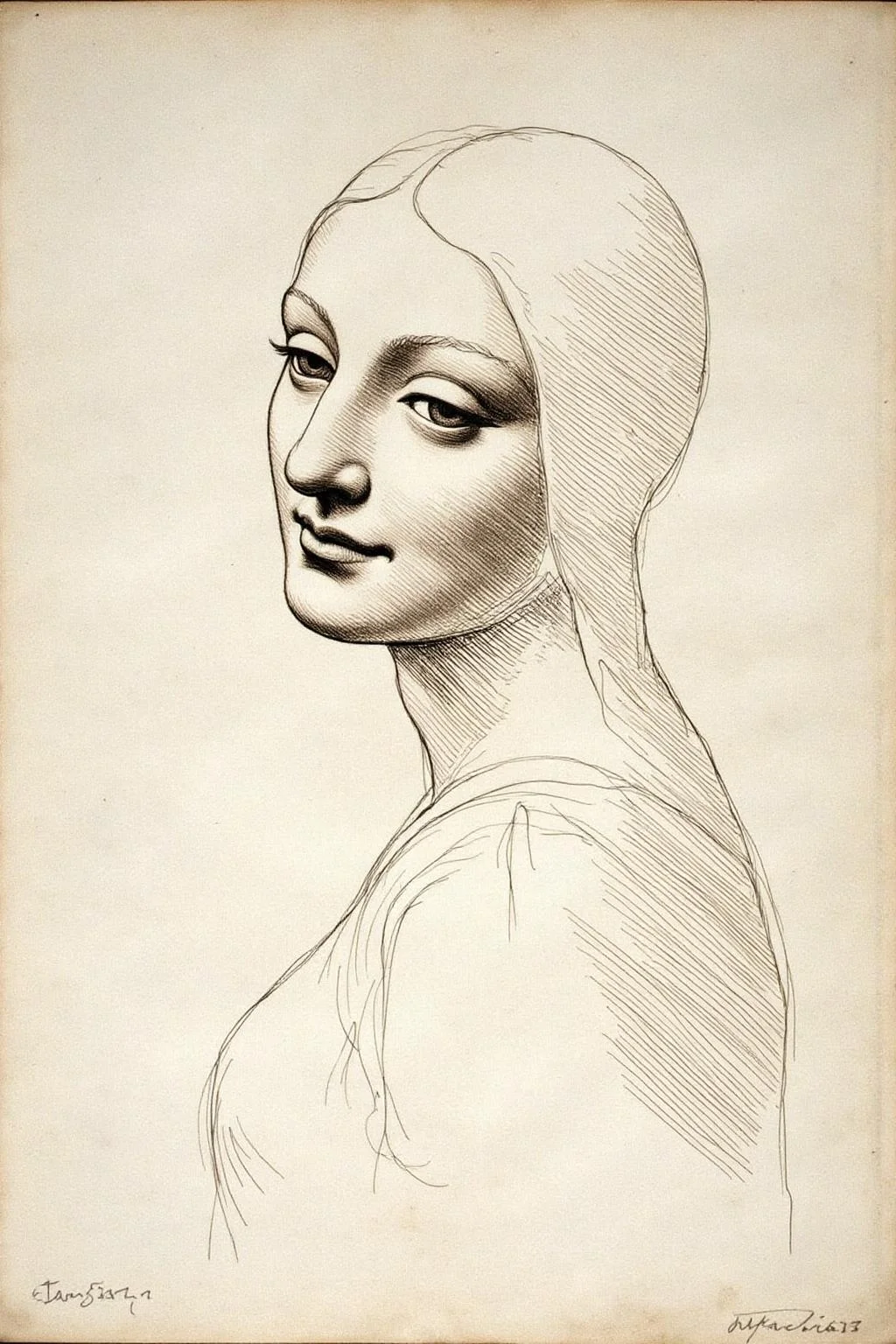 davinci1 painting.
Monochrome drawing of a woman shown in side profile. Her hair flows softly, and her features are defined with gentle lines. She is turning her head sideways to glance at the viewer. <lora:davinci1_cap_d6a3e12:1.0><lora:852101665824766519:0>