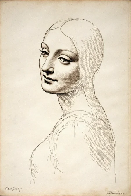 davinci1 painting.
Monochrome drawing of a woman shown in side profile. Her hair flows softly, and her features are defined with gentle lines. She is turning her head sideways to glance at the viewer. <lora:davinci1_cap_d6a3e12:1.0><lora:852101665824766519:0>