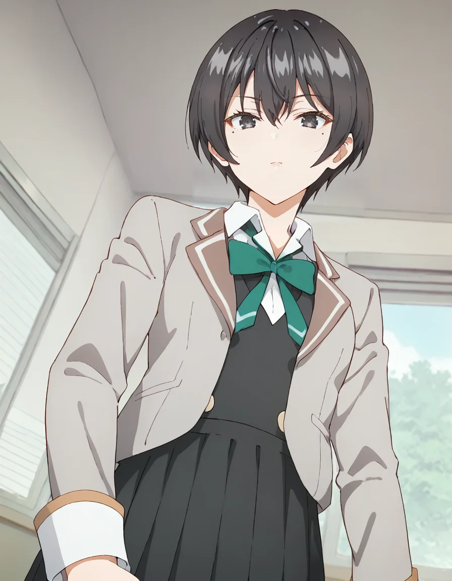 score_9, score_8_up, score_7_up, source_anime, BREAK
1girl, solo, looking at viewer, from below, indoors, window,
chisaki sarashina, black hair, short hair, hair between eyes, black eyes, (mole under eye:0.7),
school uniform, grey jacket, open jacket, long sleeves, green bow, white shirt, collared shirt, black vest,
<lora:chisaki_sarashina_anime_v2-soralz:1>