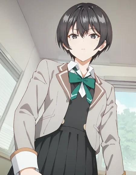 score_9, score_8_up, score_7_up, source_anime, BREAK
1girl, solo, looking at viewer, from below, indoors, window,
chisaki sarashina, black hair, short hair, hair between eyes, black eyes, (mole under eye:0.7),
school uniform, grey jacket, open jacket, long sleeves, green bow, white shirt, collared shirt, black vest,
<lora:chisaki_sarashina_anime_v2-soralz:1>