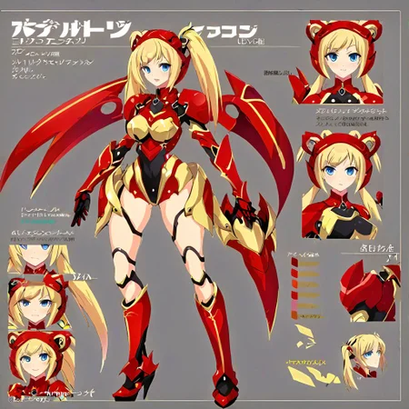 a girl wearing a red mech armor with a black leotard, thigh, blonde, twintail, blue eyes,  model sheet,  multiple views of the same character,model sheet,chatacter sheet