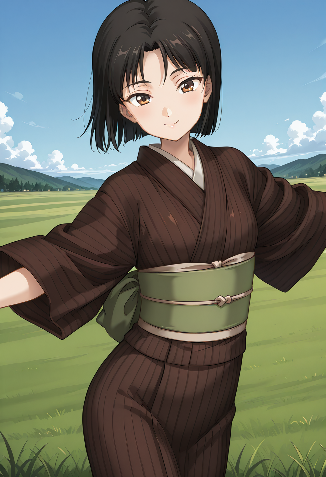 kuon_normal_miki, black hair, brown eyes, short hair, brown kimono, sash, obi, <lora:kuon_miki_illustrious_ver1:0.8> 
smile,, masterpiece, best quality, sensitive,, 1girl, solo, blue sky, (grasslands:1.2), looking at viewer,, (cowboy shot, dynamic pose:1.4),
