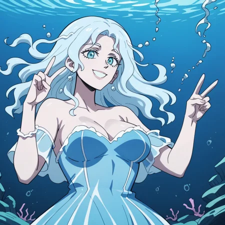 score_9, score_8_up, score_7_up, slimes_undine, woman, solo, underwater, smiling, peace sign, large breasts