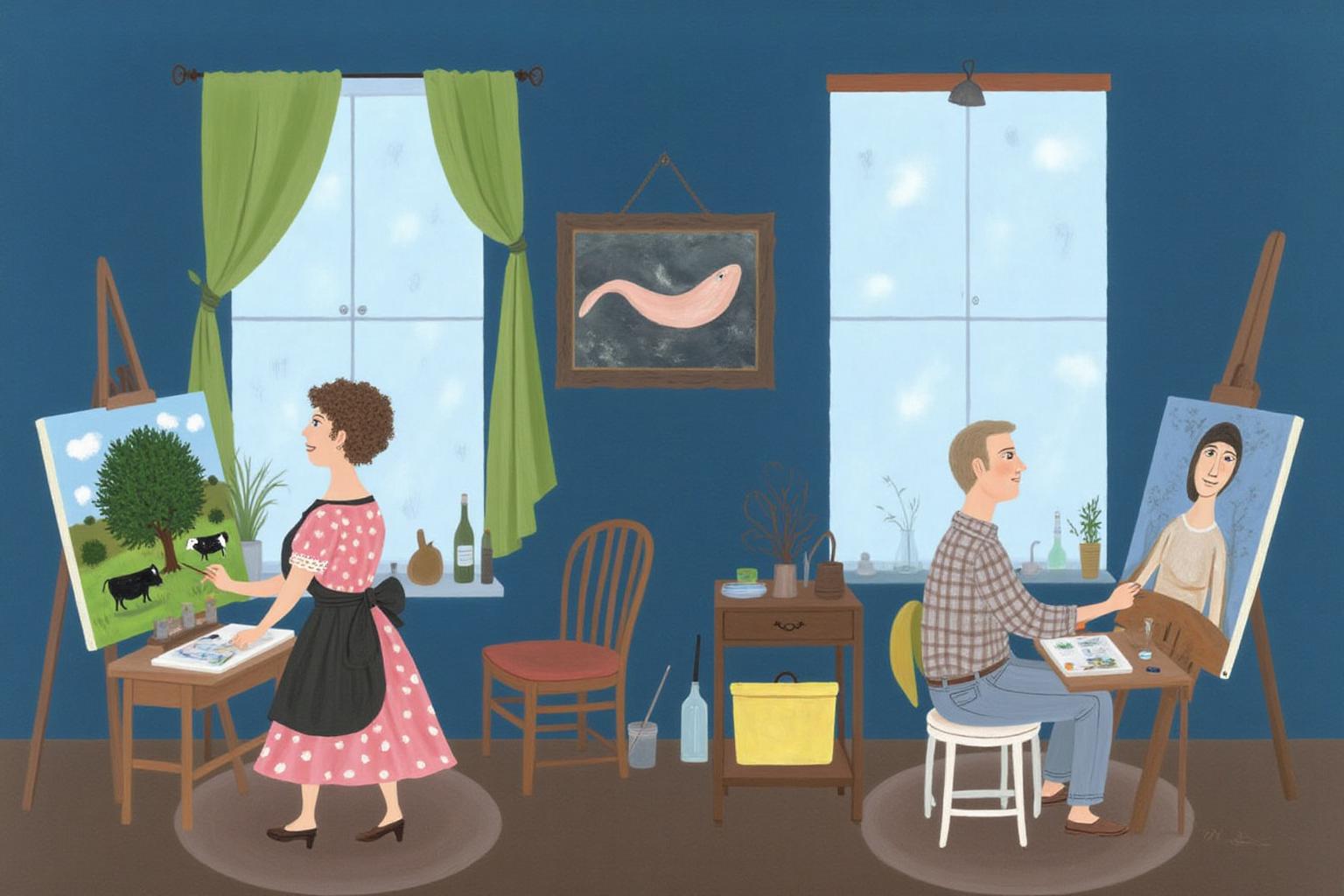 dorislee1 painting.
A studio scene with deep blue walls and two large windows.A woman and men are painting. On the left, a woman with short, curly brown hair and a pink dress with white polka dots stands at an easel, painting a landscape of a lush green tree with a small black cow grazing beneath it.  On the right is a man sitting on a stool, painting a portrait.  There is a picture frame with the painting of a whale in the middel of the image, between the two windows.
 <lora:dorislee1_cap_d6a3:1.0><lora:834814438579238246:0>