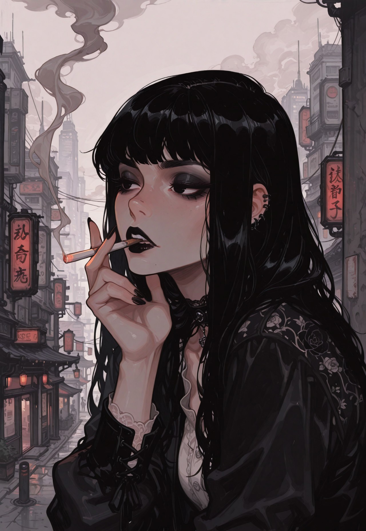 score_9, score_8_up, score_7_up, masterpiece, best quality, very aesthetic, detailed face, (dynamic:1.1), incoth, (incase:0.6), 1girl, black hair, long hair, black eyes, asian, goth, smoking, cigarette, outside, city, light, smoke, 