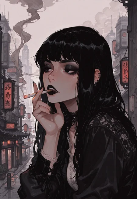 score_9, score_8_up, score_7_up, masterpiece, best quality, very aesthetic, detailed face, (dynamic:1.1), incoth, (incase:0.6), 1girl, black hair, long hair, black eyes, asian, goth, smoking, cigarette, outside, city, light, smoke,