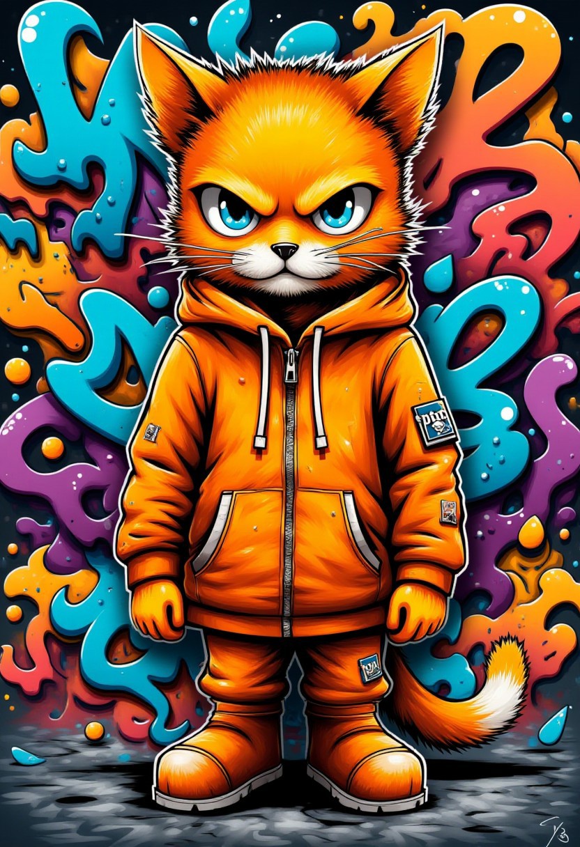 Create a digital graffiti drawing in a vibrant, stylized cartoon art style. The subject is a stylized anthropomorphic cat with a distinctly grumpy expression. The cat is depicted in a standing position, facing forward with a stern, furrowed brow and piercing blue eyes. It is dressed in a bright orange hooded sweatshirt, which has a distinctive, stylized design with exaggerated lines and shading, giving it a textured, almost 3D appearance. The background is a mix of vibrant, colorful graffiti elements, adding to the dynamic and energetic atmosphere of the artwork. The overall composition is lively and eye-catching, with bold colors and intricate details that highlight the cat's grumpy yet charismatic presence.