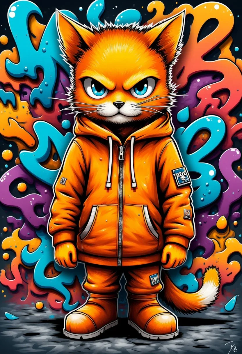 Create a digital graffiti drawing in a vibrant, stylized cartoon art style. The subject is a stylized anthropomorphic cat with a distinctly grumpy expression. The cat is depicted in a standing position, facing forward with a stern, furrowed brow and piercing blue eyes. It is dressed in a bright orange hooded sweatshirt, which has a distinctive, stylized design with exaggerated lines and shading, giving it a textured, almost 3D appearance. The background is a mix of vibrant, colorful graffiti elements, adding to the dynamic and energetic atmosphere of the artwork. The overall composition is lively and eye-catching, with bold colors and intricate details that highlight the cat's grumpy yet charismatic presence.