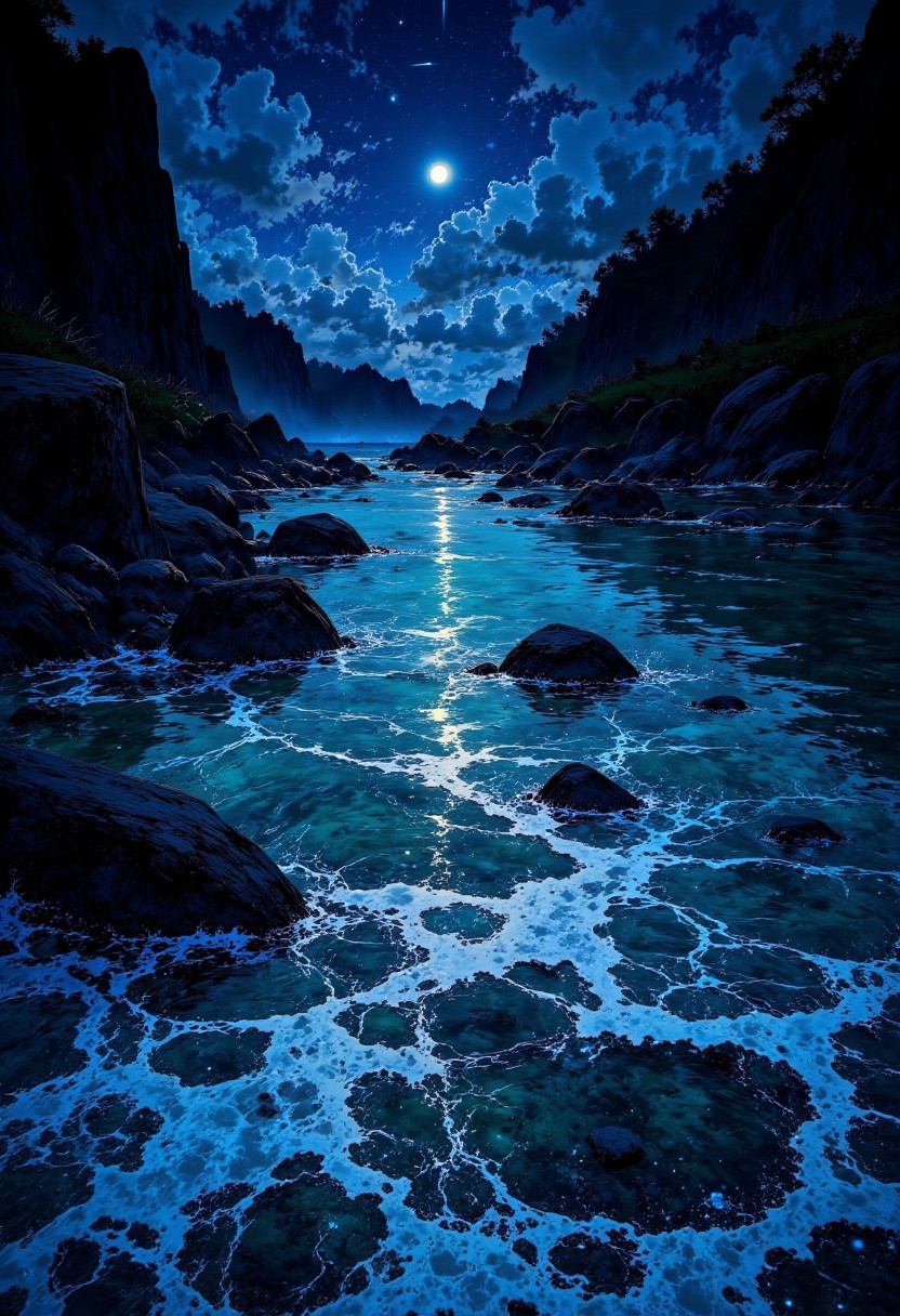 Seychelles Hidden Cove – Midnight Waves & Silver Moonlight
"A hidden cove in the Seychelles, bathed in the cool silver light of a full moon. The gentle waves reflect the night sky, creating a dazzling shimmer on the water’s surface. The beach is surrounded by towering granite boulders, partially illuminated by the celestial glow. The sound of the waves, combined with the distant hoot of an owl, adds to the serene ambiance."