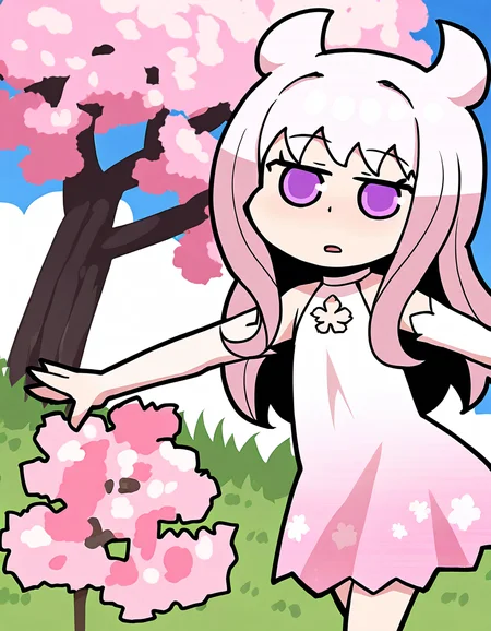 masterpiece, best quality, newest, absurdres, highres, safe, 1girl, eternal sakura, magia record: mahou shoujo madoka magica gaiden, papa \(shimeguru\), pink dress, grass field, cherry tree, dutch angle, <lora:eternal_sakura_noobaiXLNAIXL_vPred10Version:0.7>