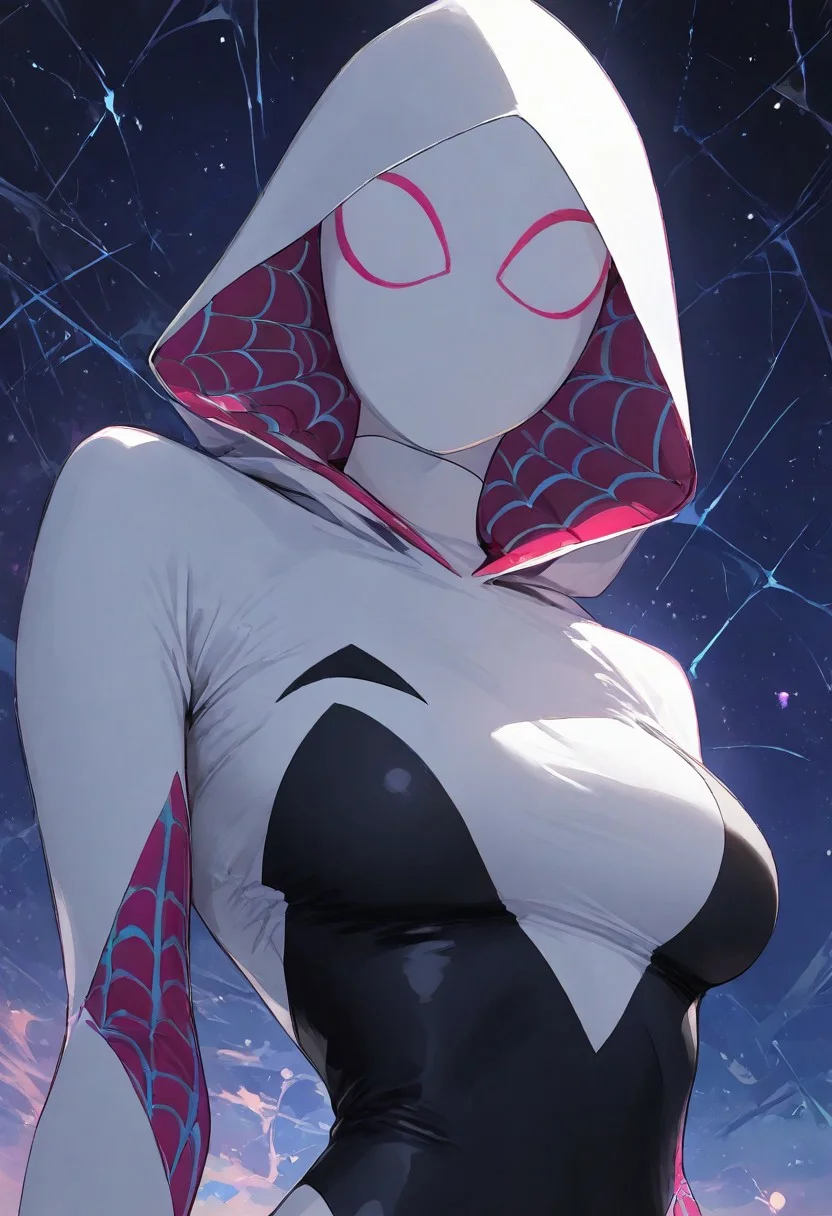 score_9, score_8_up, score_7_up, score_6_up, score_5_up, galaxy, spider gwen, solo, simple abstract background, large covered breasts, perfect body, upper body, view from above looking down, looking at viewer, close up, absurdres, masterpiece, at night, form-fitting costume, covered chest, bare skin, full mask, covered face, gw23xmt, hood, textured bodysuit, hooded bodysuit, spider web print, spider web