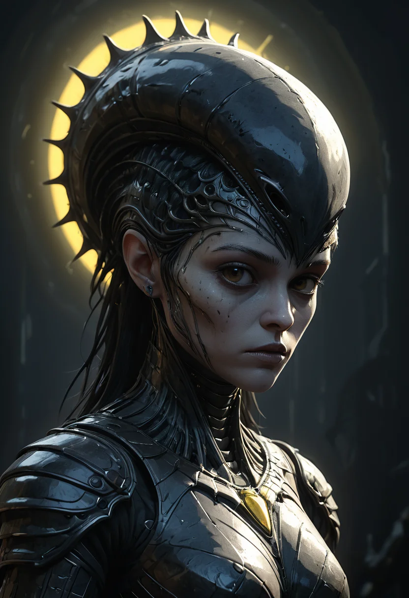 (a female c4rd45514n alien, forehead crest, grey skin, ridges, scales), approaching perfection, dynamic, moody, darkness, shadows, dark, sinister, pitch black, highly detailed, black ancient rusty knight armor, digital painting, artstation, concept art, smooth, sharp focus, illustration, art by Carne Griffiths and Wadim Kashin, dark black colors, good shadows, dim lit, devoid of color, low light, back light, hidden, obscured, black hue in hair, mirrors, prisms, reflection, refraction, prismatic, monolith, obsidian, bright yellow god rays, sun circle, best quality, detailed, highres, masterpiece <lora:gudarziModernCartoonSDXL_LoRA:0.75>