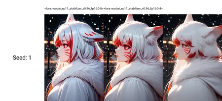 <lora:noobai_ep11_stabilizer_v0.96_fp16:0.8>1girl,fox ears,red eyes,white hair,red hair,long hair,multicolored hair,whisker markings,fur trim,from side,snowing,night street background,masterpiece,
