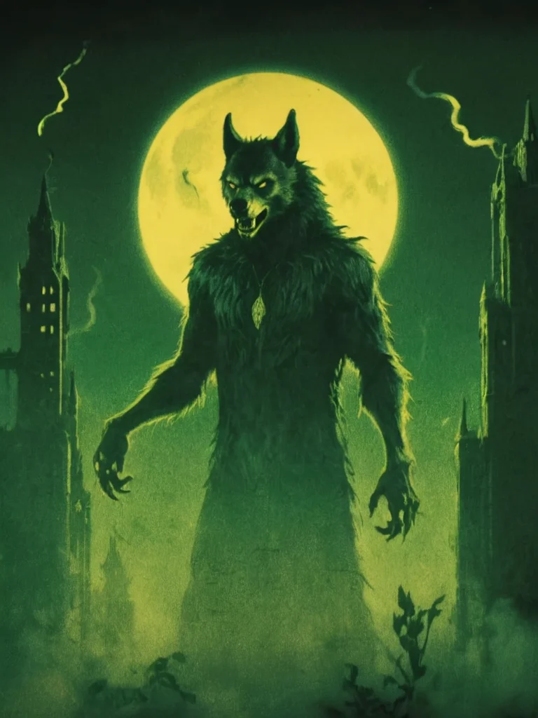 style sqrhmmr, a Metropolis (1927 film) minimalism painting of majestic (howling:1.2) ghost werewolf glowing yellow in green tint on a foggy and moonlit night, dark theme, intricate, detailed, atmospheric, eerie, <lora:- SDXL - sqrhmmr _Square-Hammer_Style_V1.0:1> <lora:- SDXL_AI-Breaker_BaseXL_V2:.3>