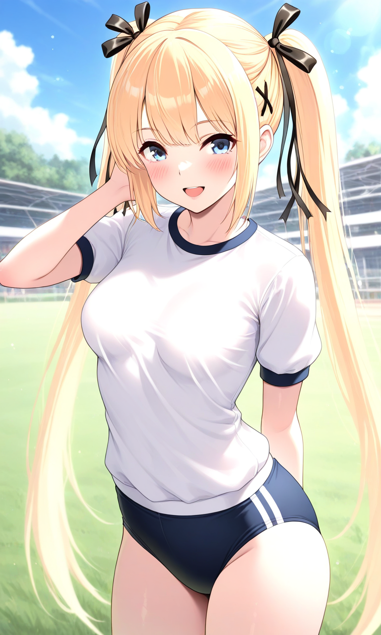 general,highres, ultra-detailed,very aesthetic,best quality ,best hands, BREAK  <lora:Marie_Rose_DOA_IS:1>
Marie_Rose(DOA), 1girl, solo, blonde hair, marie rose, twintails, very long hair, hair ribbon, black ribbon, blue eyes, x hair ornament, bangs, medium breasts, 
gym uniform,white shirt, dark blue buruma,
grass, sky, outdoor, happy, blush,