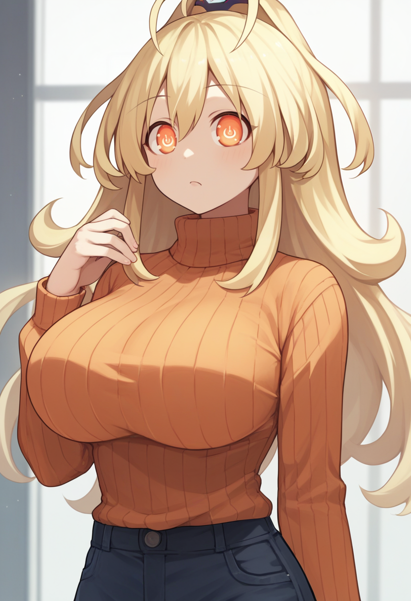 score_9, score_8_up, score_7_up, source_anime BREAK 1girl, solo, <lora:yellowheart-hdn-richy-v1_pdxl:0.8> yllwhrt, orange eyes, symbol-shaped pupils, power symbol, blonde hair, long hair, antenna hair, large breasts, orange sweater, ribbed sweater, turtleneck sweater