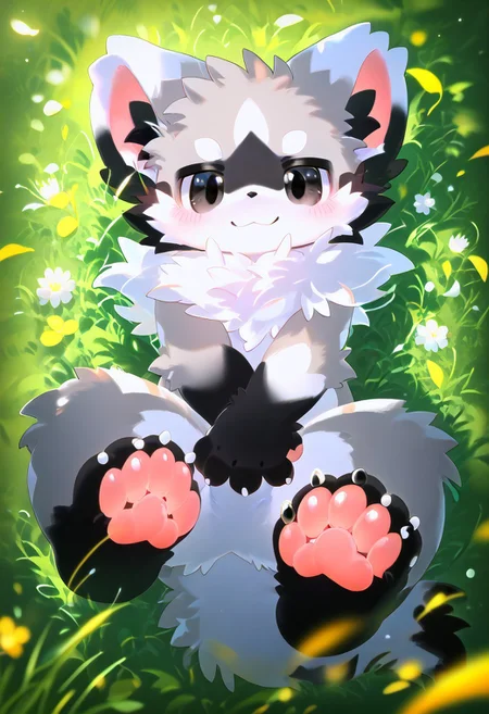 ((((sdgs4by zuppu11kemono)))), full body, solo, furry, score_9, score_8_up, score_7_up, look at viewer, male focus, black eyes, no humans, fractal iris, furry male, ferret lying on grass, happy, smile, detailed eyes, blushing, zPDXL3