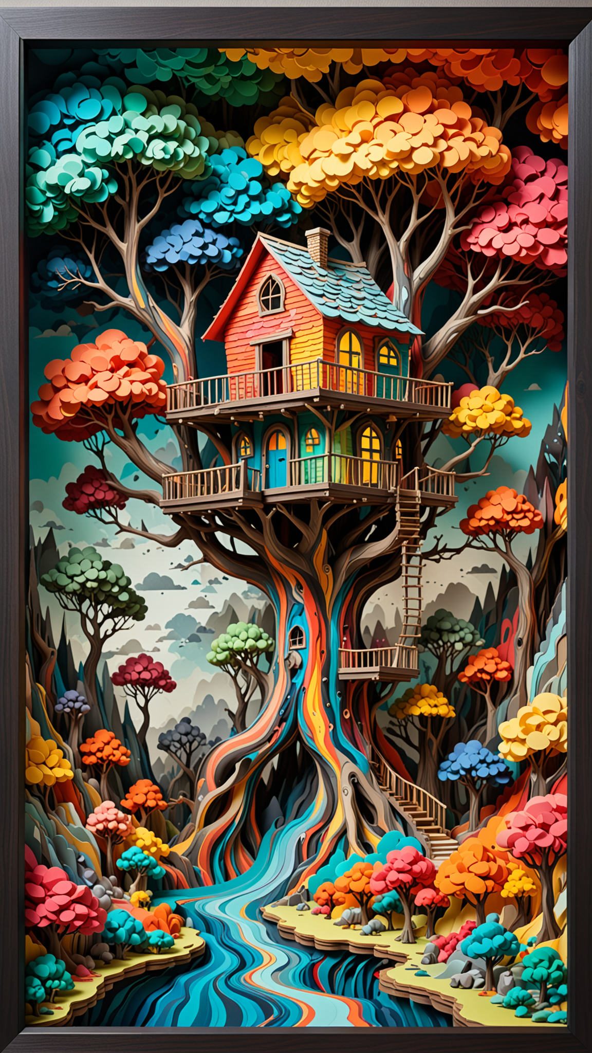 (3d Framed, landscape) treehouse, colorful volumetric mad-marbled-paper fog <lora:3D_Framed_Wall_Art_-_By_DICE:0.4>, (3D)