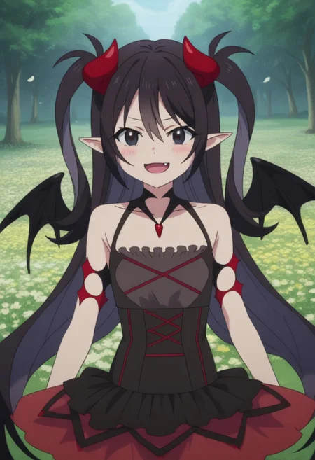 Luceria, long hair, black hair, pointy ears, fang, black eyes, black dress, two side up, demon girl, demon horns, demon wings, red horns
(nsfw), (uncensored), (score_9), score_8_up, score_7_up, source_anime, cowboy shot, dynamic pose, 1 Female, solo, happy smile joy, blush, ashamed, shy, sexy, charming, alluring, seductive, enchanting, erotic,
((outdoors)), ((flower garden)), ((flowers)), ((many flowers)), spring petals, petals of flowers, spring, falling petals, flying butterflies,