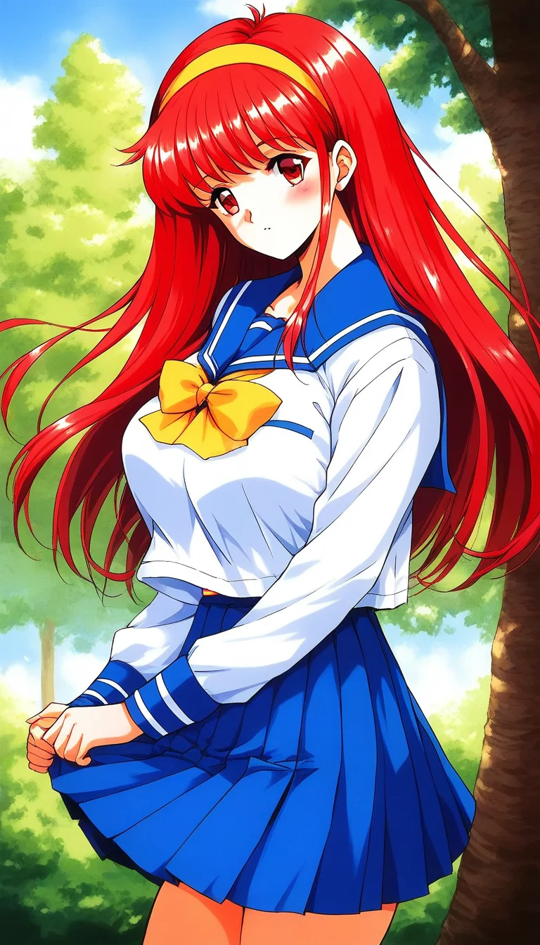 score_9, score_8_up, score_7_up, source_anime, rating_explicit, BREAK <lora:Fujisaki_Shiori_XL:1> FujisakiShiori, long hair, Yellow hairband, red hair, red eyes, large breasts,
1girl, solo, school uniform, skirt, serafuku, long sleeves, blue skirt, blue long sleeve,
yellow bow, pleated skirt, bow, blue sailor collar,
outdoor, sky, tree,
looking at viewer, blush,